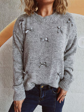 Load image into Gallery viewer, Bow Trim Round Neck Long Sleeve Sweater