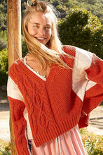 Load image into Gallery viewer, POL Cable Knit Quilting Patch V-Neck Contrast Sweater