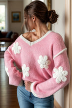Load image into Gallery viewer, Flower V-Neck Dropped Shoulder Sweater