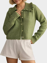 Load image into Gallery viewer, Frill Button Up Collared Neck Long Sleeve Cardigan