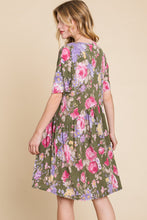 Load image into Gallery viewer, BOMBOM Flower Print V-Neck Ruched Dress