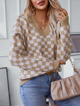 Load image into Gallery viewer, Checkered V-Neck Dropped Shoulder Sweater