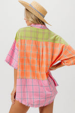 Load image into Gallery viewer, BiBi Plaid Collared Neck Half Sleeve Shirt