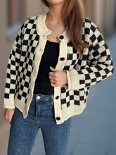 Load image into Gallery viewer, Checkered Button Up Round Neck Cardigan