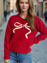 Load image into Gallery viewer, Bow Button Down Round Neck Cardigan