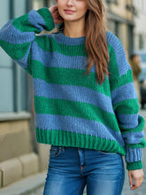 Load image into Gallery viewer, Contrast Striped Round Neck Long Sleeve Sweater