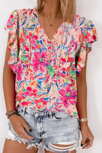 Load image into Gallery viewer, Ruffled Printed Tie Neck Cap Sleeve Blouse