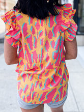 Load image into Gallery viewer, Ruffled Printed V-Neck Cap Sleeve Blouse