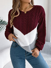 Load image into Gallery viewer, Cable-Knit Color Block Round Neck Sweater