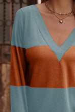 Load image into Gallery viewer, Decorative Button Contrast V-Neck Long Sleeve T-Shirt