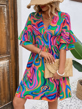 Load image into Gallery viewer, Ruffled Printed V-Neck Half Sleeve Mini Dress