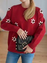 Load image into Gallery viewer, Flower Round Neck Raglan Sleeve Sweater