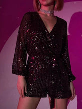 Load image into Gallery viewer, Full Size Sequin Surplice Tie Waist Long Sleeve Romper