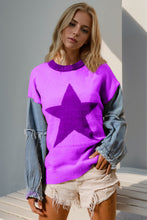 Load image into Gallery viewer, Double Take Full Size Star Pattern Raw Edge Denim Sleeve Sweater