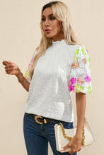 Load image into Gallery viewer, Sequin Flower Mock Neck Half Sleeve Blouse