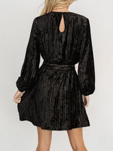 Load image into Gallery viewer, Velvet Round Neck Tie Waist Long Sleeve Mini Dress