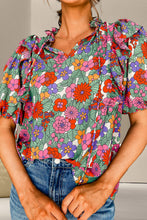 Load image into Gallery viewer, Ruffled Printed Tie Neck Short Sleeve Blouse