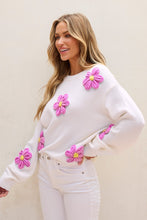 Load image into Gallery viewer, Crochet Flower Round Neck Long Sleeve Sweater