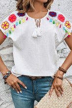 Load image into Gallery viewer, Tassel Tie Neck Short Sleeve Blouse