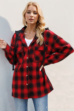 Load image into Gallery viewer, Double Take Drawstring Plaid Long Sleeve Hooded Shacket