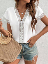 Load image into Gallery viewer, Lace Detail V-Neck Cap Sleeve Blouse