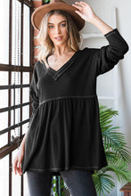 Load image into Gallery viewer, Heimish Full Size V-Neck Long Sleeve Ribbed Babydoll Top
