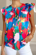 Load image into Gallery viewer, Ruffled Abstract Print Round Neck Cap Sleeve Blouse