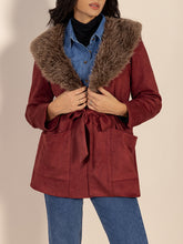 Load image into Gallery viewer, Fuzzy Collared Neck Tie Waist Jacket