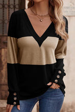 Load image into Gallery viewer, Decorative Button Contrast V-Neck Long Sleeve T-Shirt