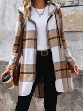 Load image into Gallery viewer, Drawstring Plaid Zip Up Long Sleeve Hooded Outerwear