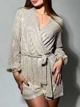 Load image into Gallery viewer, Full Size Sequin Surplice Tie Waist Long Sleeve Romper