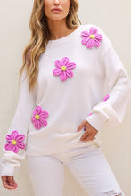 Load image into Gallery viewer, Crochet Flower Round Neck Long Sleeve Sweater