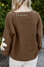 Load image into Gallery viewer, Flower V-Neck Dropped Shoulder Sweater