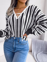 Load image into Gallery viewer, Striped Lace-Up Long Sleeve Sweater
