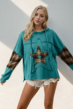 Load image into Gallery viewer, Double Take Drawstring Plaid Star Patch Long Sleeve Hoodie