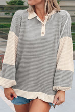 Load image into Gallery viewer, Color Block Collared Neck Long Sleeve Top