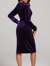 Load image into Gallery viewer, Round Neck Tie Waist Long Sleeve Velvet Dress