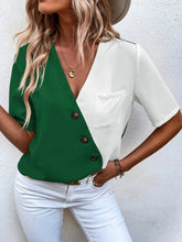 Load image into Gallery viewer, Decorative Button Surplice Short Sleeve Blouse