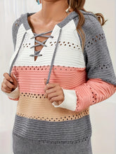 Load image into Gallery viewer, Lace-Up Contrast Long Sleeve Hooded Sweater
