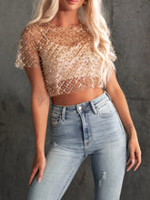Load image into Gallery viewer, Sequin Bead Trim Round Neck Short Sleeve Blouse