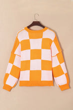 Load image into Gallery viewer, Pumpkin Checkered Round Neck Long Sleeve Sweater