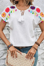 Load image into Gallery viewer, Tassel Tie Neck Short Sleeve Blouse