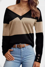 Load image into Gallery viewer, Decorative Button Contrast V-Neck Long Sleeve T-Shirt