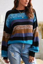 Load image into Gallery viewer, Contrast Striped Round Neck Drop Shoulder Sweater