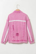 Load image into Gallery viewer, Lace Detail Distressed Raw Hem Long Sleeve Denim Jacket