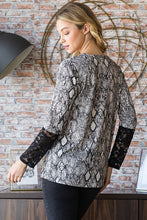 Load image into Gallery viewer, Heimish Full Size Snakeskin Print Round Neck Lace Contrast Top