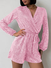 Load image into Gallery viewer, Full Size Sequin Surplice Tie Waist Long Sleeve Romper