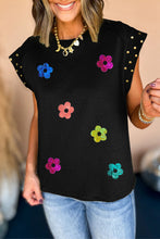 Load image into Gallery viewer, Studded Flower Round Neck Cap Sleeve Blouse