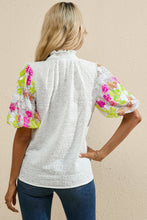 Load image into Gallery viewer, Sequin Flower Mock Neck Half Sleeve Blouse