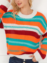 Load image into Gallery viewer, Contrast Striped Round Neck Long Sleeve Sweater
